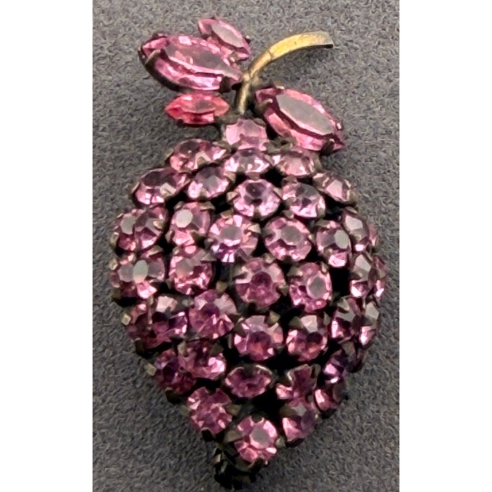 Vintage Warner Brooch Pink Rhinestone Fruit Berry Gold Tone Signed 1.75in